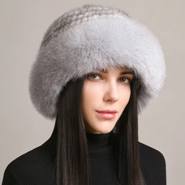 New Genuine Real Natural Knitted Mink Fur Hat Cap Luxury Women Handmade Knit Fashion Winter Headwear Warm Real Fox Fur Beanies-Maas