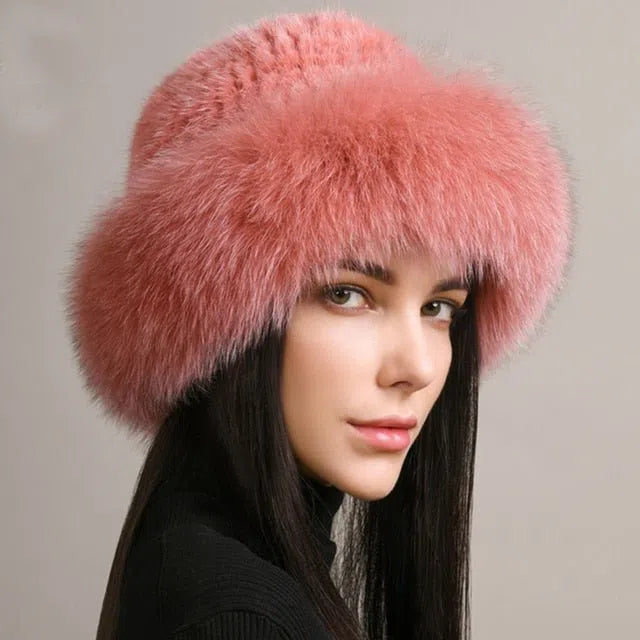 New Genuine Real Natural Knitted Mink Fur Hat Cap Luxury Women Handmade Knit Fashion Winter Headwear Warm Real Fox Fur Beanies-Maas