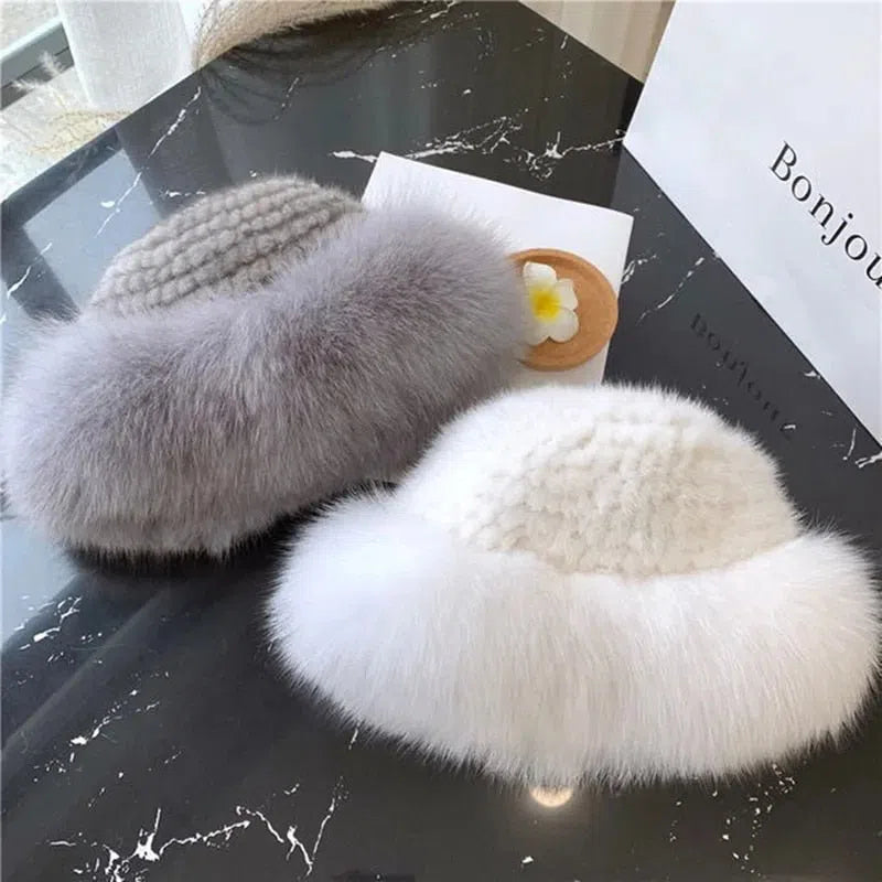 New Genuine Real Natural Knitted Mink Fur Hat Cap Luxury Women Handmade Knit Fashion Winter Headwear Warm Real Fox Fur Beanies-Maas