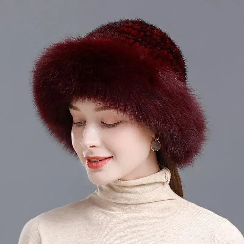 New Genuine Real Natural Knitted Mink Fur Hat Cap Luxury Women Handmade Knit Fashion Winter Headwear Warm Real Fox Fur Beanies-Maas