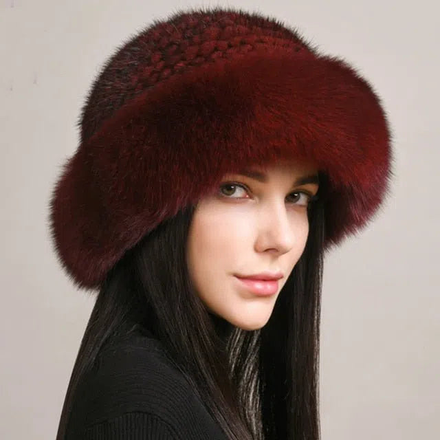 New Genuine Real Natural Knitted Mink Fur Hat Cap Luxury Women Handmade Knit Fashion Winter Headwear Warm Real Fox Fur Beanies-Maas