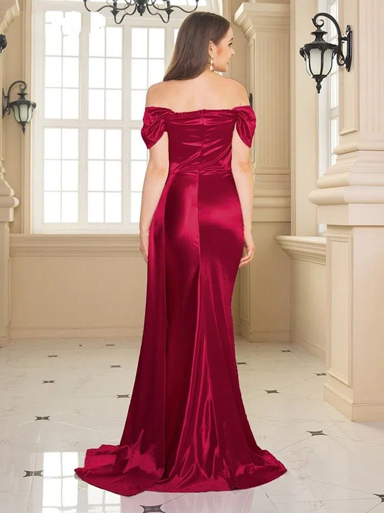 Off the Shoulder Long Satin Maxi Evening Dress with Ribbon-Maas