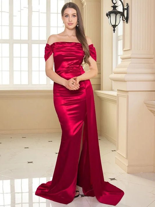 Off the Shoulder Long Satin Maxi Evening Dress with Ribbon-Maas