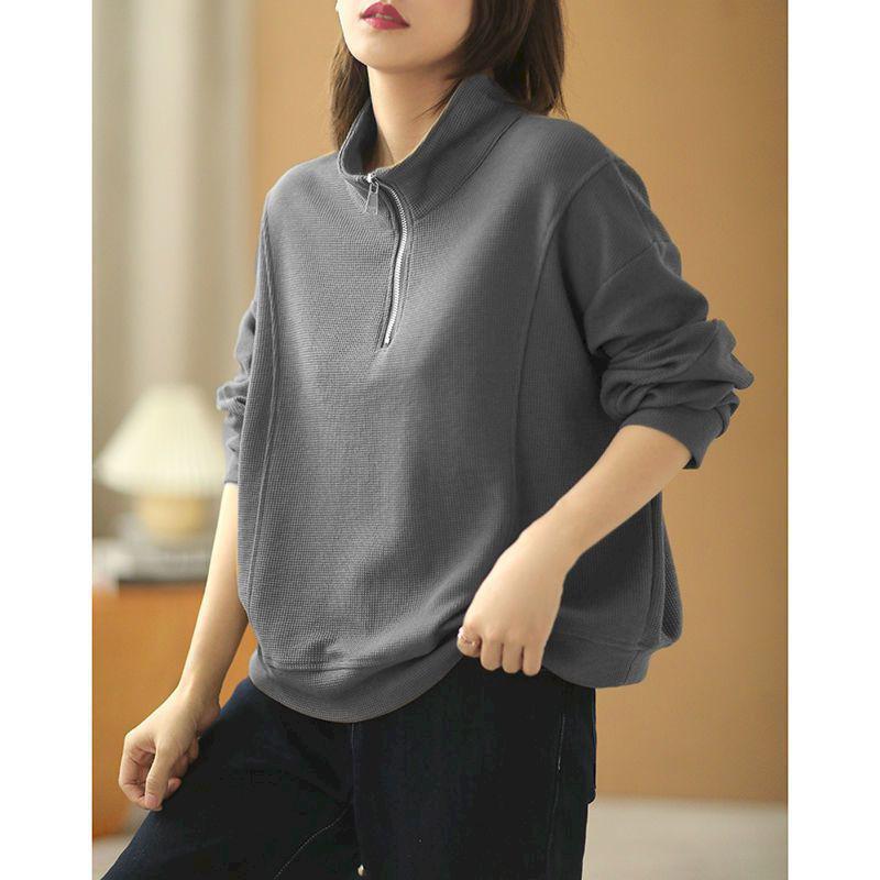 Oversized Pullovers Women Waffle Zipper Sweatshirt Trend Long Sleeve-Maas