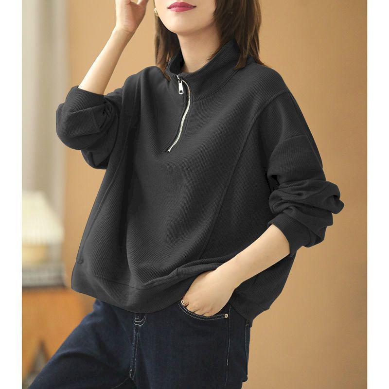 Oversized Pullovers Women Waffle Zipper Sweatshirt Trend Long Sleeve-Maas