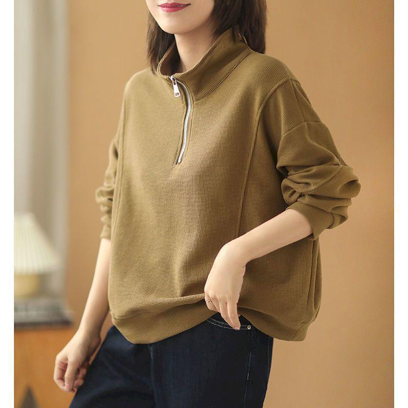 Oversized Pullovers Women Waffle Zipper Sweatshirt Trend Long Sleeve-Maas