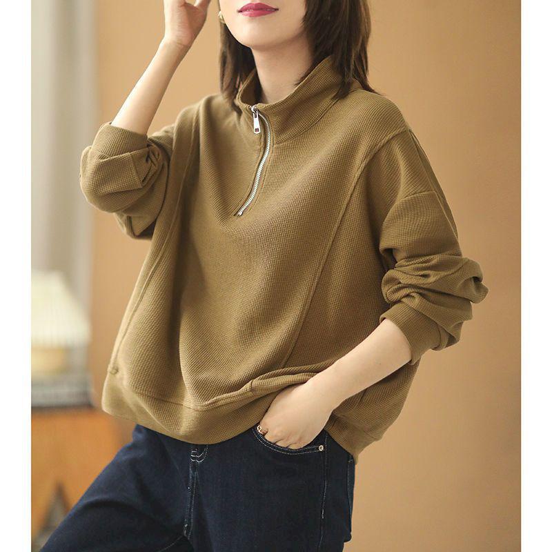 Oversized Pullovers Women Waffle Zipper Sweatshirt Trend Long Sleeve-Maas