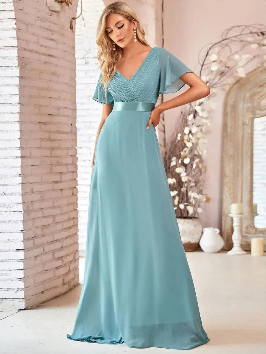 Pink Bridesmaid Dress Long Elegant V Neck Chiffon Wedding Prom-Maas