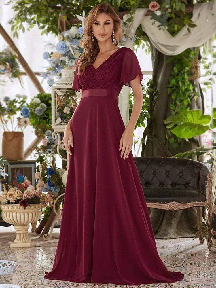 Pink Bridesmaid Dress Long Elegant V Neck Chiffon Wedding Prom-Maas