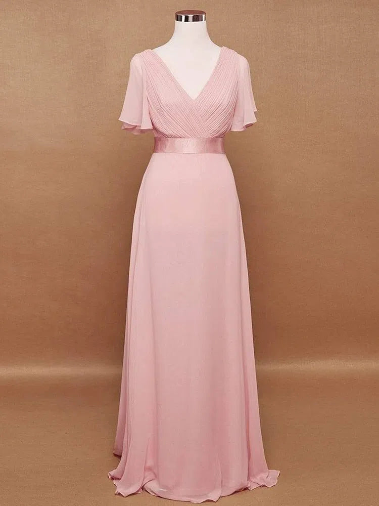 Pink Bridesmaid Dress Long Elegant V Neck Chiffon Wedding Prom-Maas