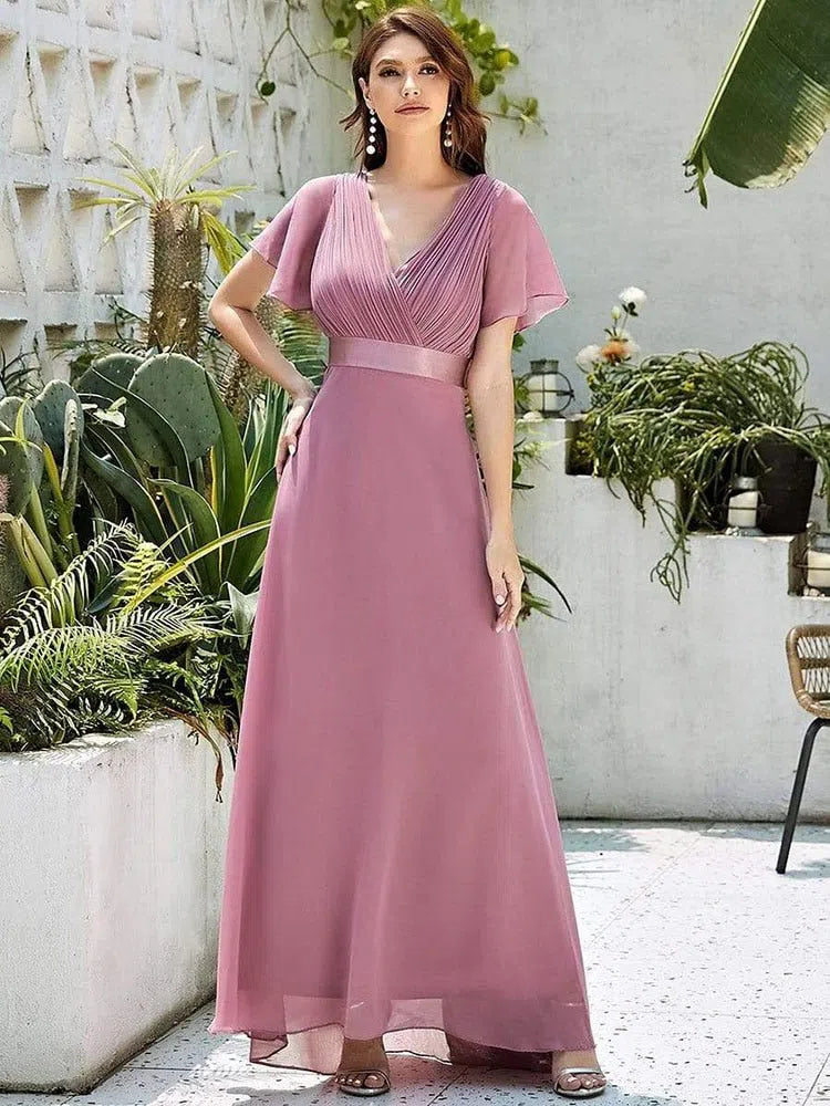 Pink Bridesmaid Dress Long Elegant V Neck Chiffon Wedding Prom-Maas