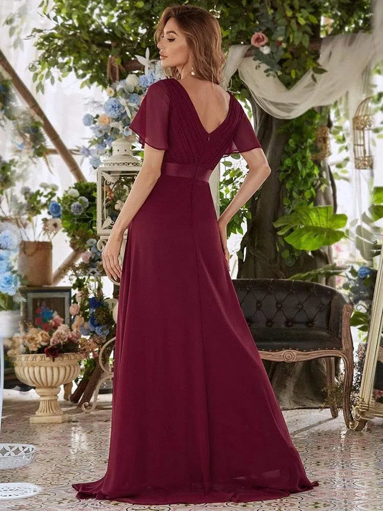 Pink Bridesmaid Dress Long Elegant V Neck Chiffon Wedding Prom-Maas