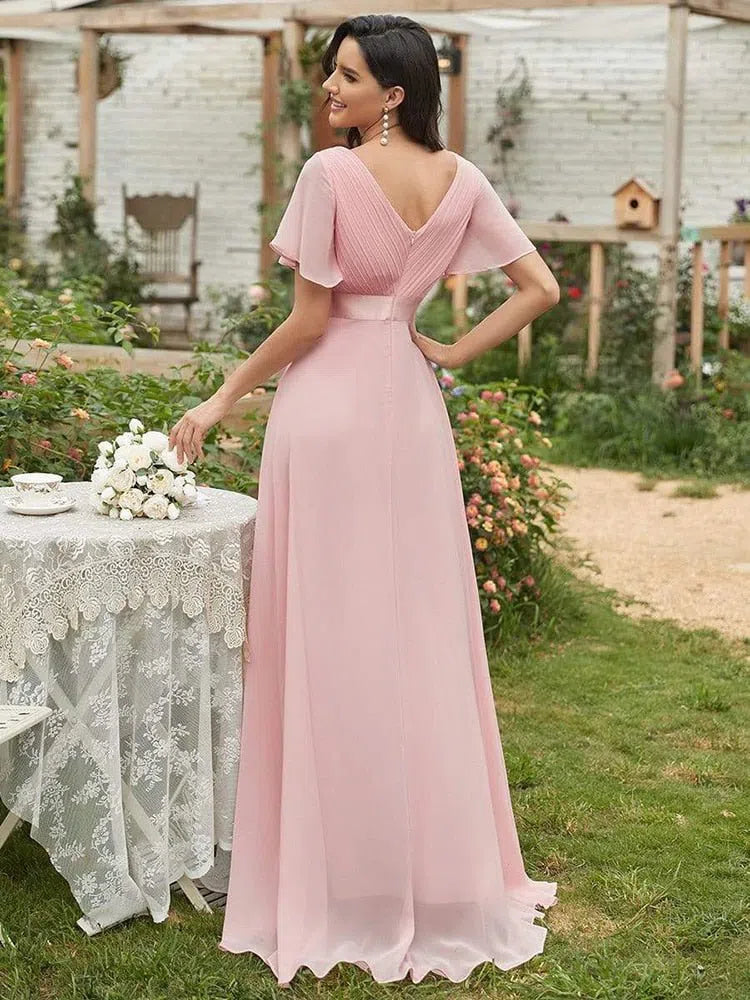 Pink Bridesmaid Dress Long Elegant V Neck Chiffon Wedding Prom-Maas