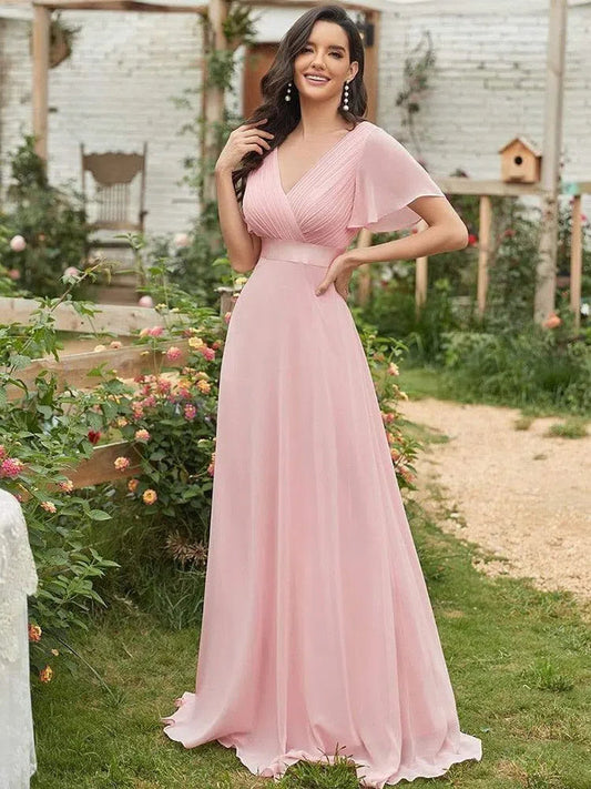 Pink Bridesmaid Dress Long Elegant V Neck Chiffon Wedding Prom-Maas