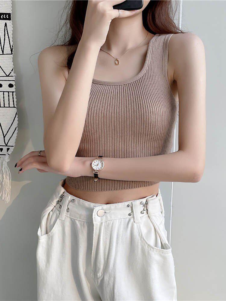 Plain Cropped Knitted Tank Top Women's Casual Square Neck Sleeveless Tops Tanks Camis-Maas