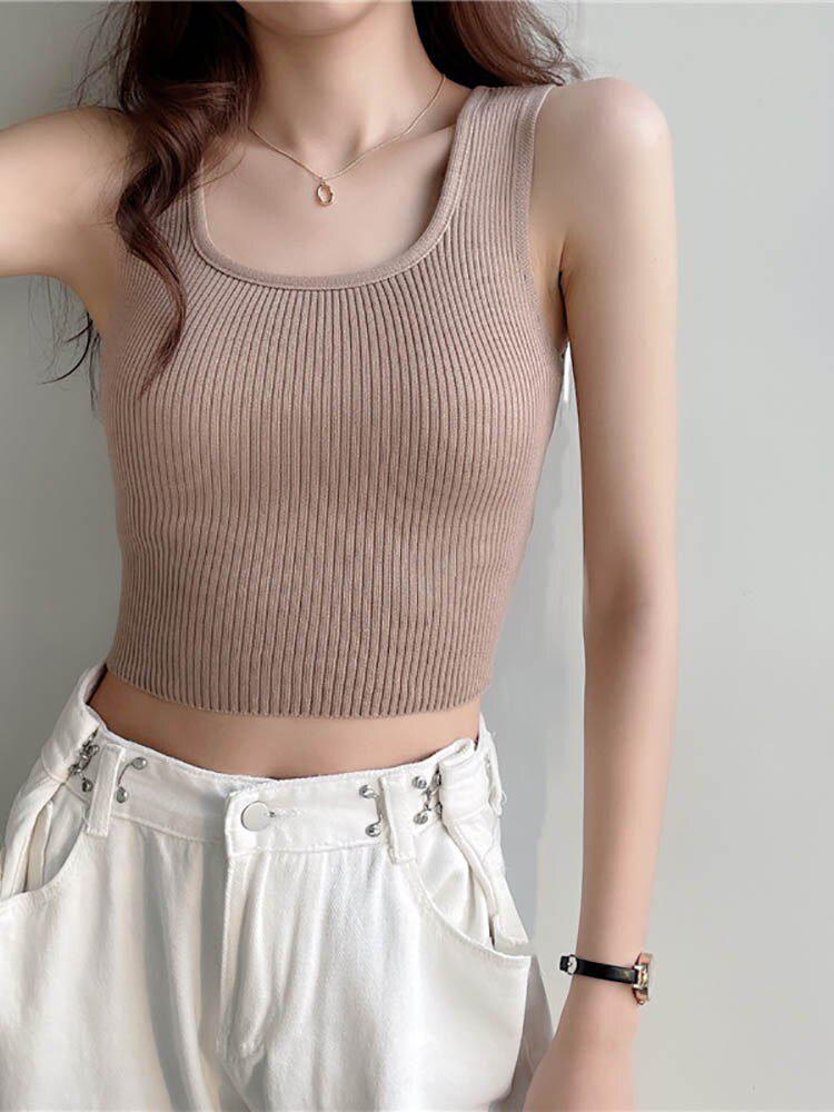 Plain Cropped Knitted Tank Top Women's Casual Square Neck Sleeveless Tops Tanks Camis-Maas