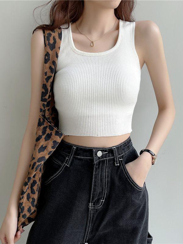 Plain Cropped Knitted Tank Top Women's Casual Square Neck Sleeveless Tops Tanks Camis-Maas