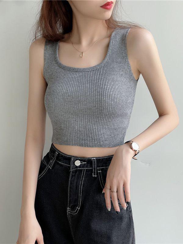 Plain Cropped Knitted Tank Top Women's Casual Square Neck Sleeveless Tops Tanks Camis-Maas