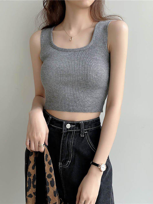 Plain Cropped Knitted Tank Top Women's Casual Square Neck Sleeveless Tops Tanks Camis-Maas