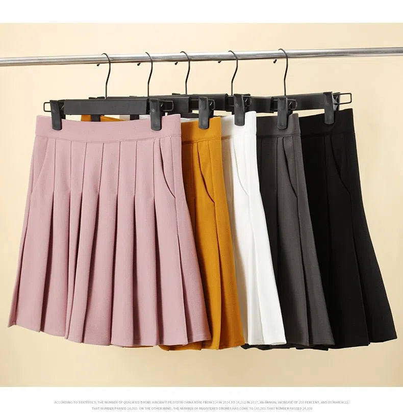 Pleated Skirt with Pockets Elastic High Waist Line-Maas