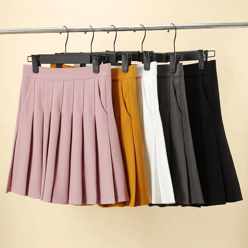 Pleated Skirt with Pockets Elastic High Waist Line-Maas