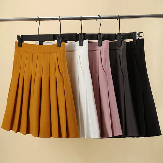 Pleated Skirt with Pockets Elastic High Waist Line-Maas