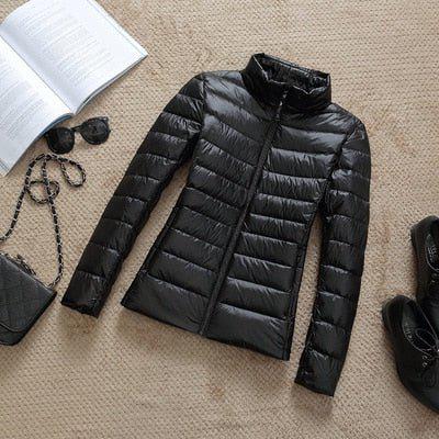 Plus Size Thin Duck Down Jacket Women's Winter Slim Short Hooded Coat-Maas