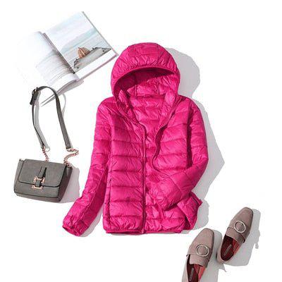 Plus Size Thin Duck Down Jacket Women's Winter Slim Short Hooded Coat-Maas