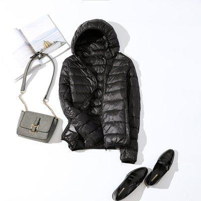 Plus Size Thin Duck Down Jacket Women's Winter Slim Short Hooded Coat-Maas