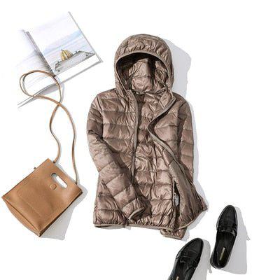 Plus Size Thin Duck Down Jacket Women's Winter Slim Short Hooded Coat-Maas