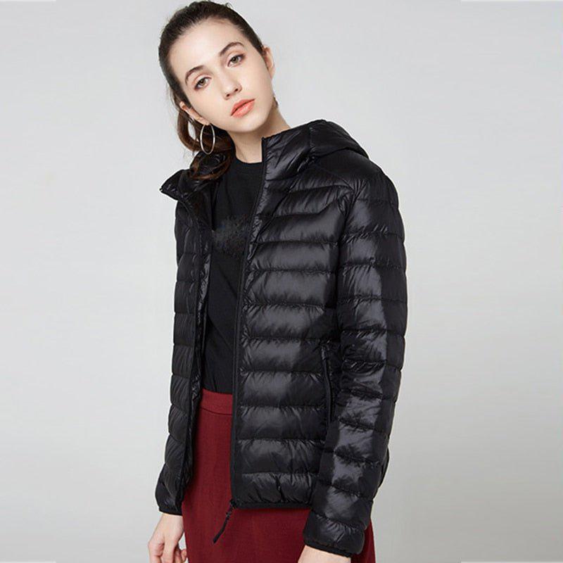 Plus Size Thin Duck Down Jacket Women's Winter Slim Short Hooded Coat-Maas