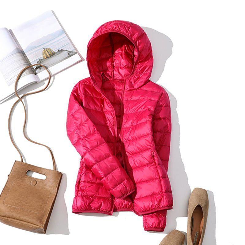 Plus Size Thin Duck Down Jacket Women's Winter Slim Short Hooded Coat-Maas