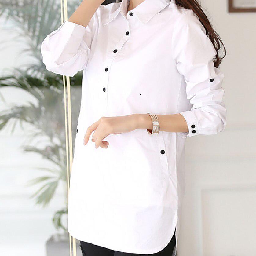 Plus Size White Shirt Women's Basic Collar Long Casual Hem Long Sleeve Cotton-Maas