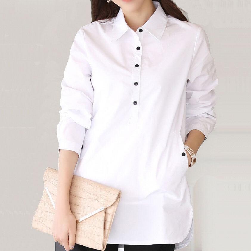 Plus Size White Shirt Women's Basic Collar Long Casual Hem Long Sleeve Cotton-Maas