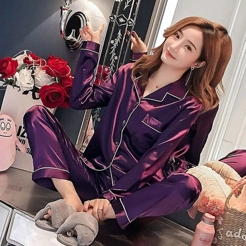 Plus Size Women's Silk Satin Pajamas Set Two Piece Loose Casual-Maas