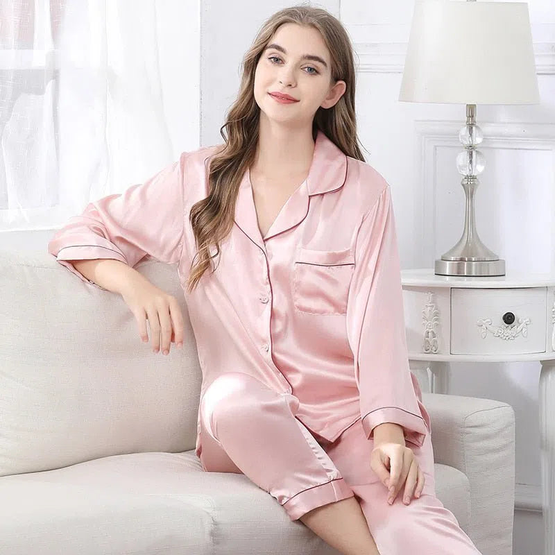 Plus Size Women's Silk Satin Pajamas Set Two Piece Loose Casual-Maas