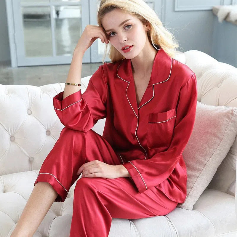 Plus Size Women's Silk Satin Pajamas Set Two Piece Loose Casual-Maas