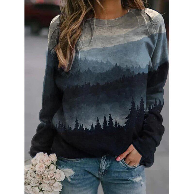 Round Neck Long Sleeved Tops Printed T-Shirt Loose Casual Cotton-Maas