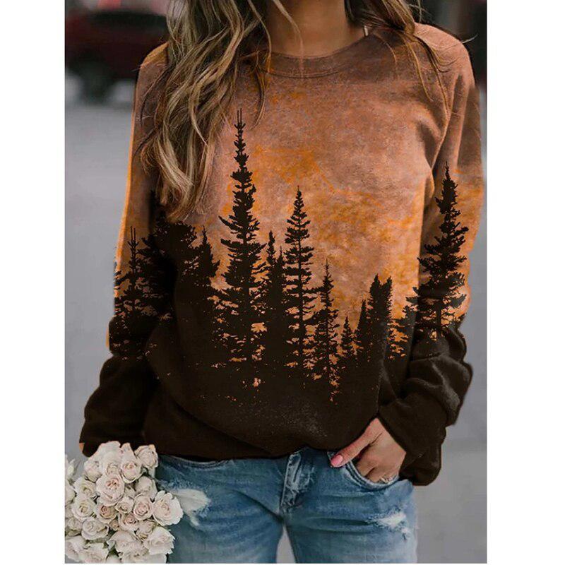 Round Neck Long Sleeved Tops Printed T-Shirt Loose Casual Cotton-Maas