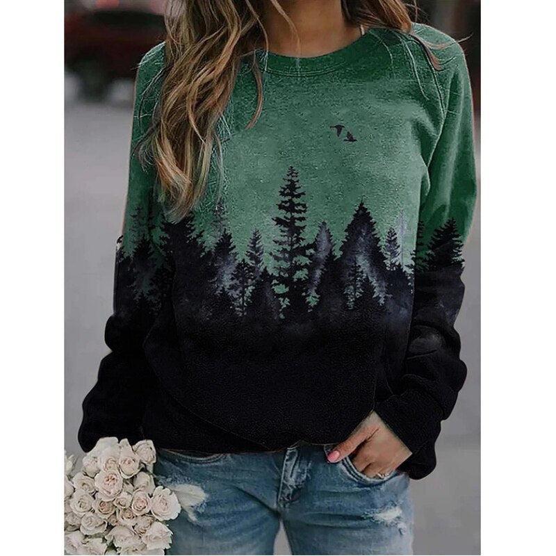 Round Neck Long Sleeved Tops Printed T-Shirt Loose Casual Cotton-Maas