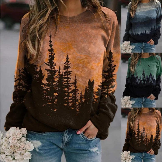 Round Neck Long Sleeved Tops Printed T-Shirt Loose Casual Cotton-Maas