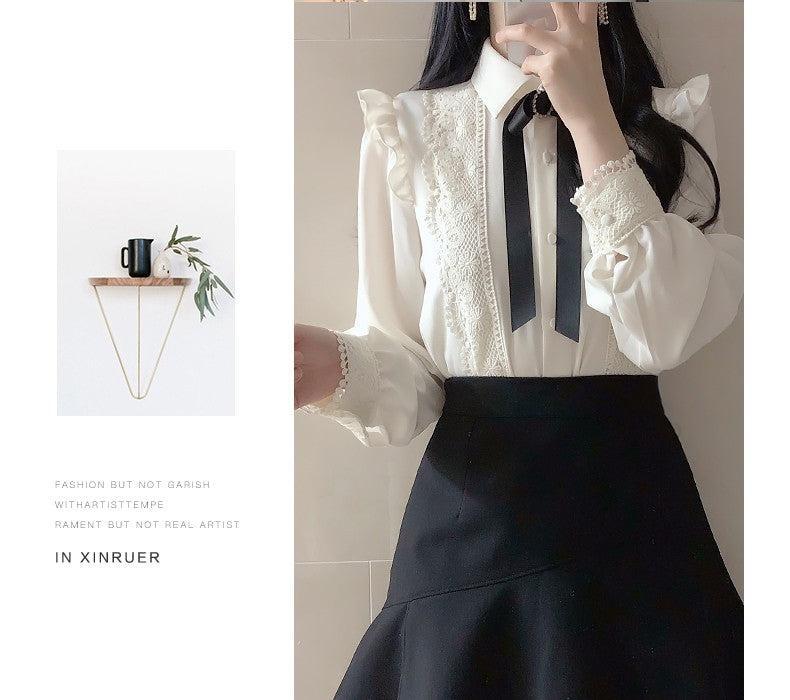 Ruffled Spring Basic Lady Work Wear Women Single Breasted Button Solid Peter Pan Collar White Shirts Blouses-Maas