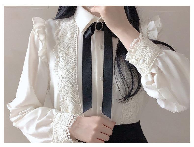 Ruffled Spring Basic Lady Work Wear Women Single Breasted Button Solid Peter Pan Collar White Shirts Blouses-Maas