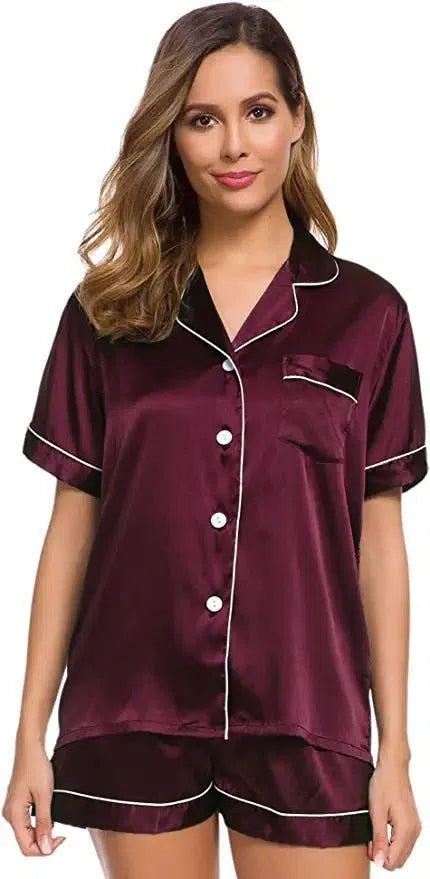 Satin Pajamas Women's Short Sleeve Soft Silk Button Set-Maas