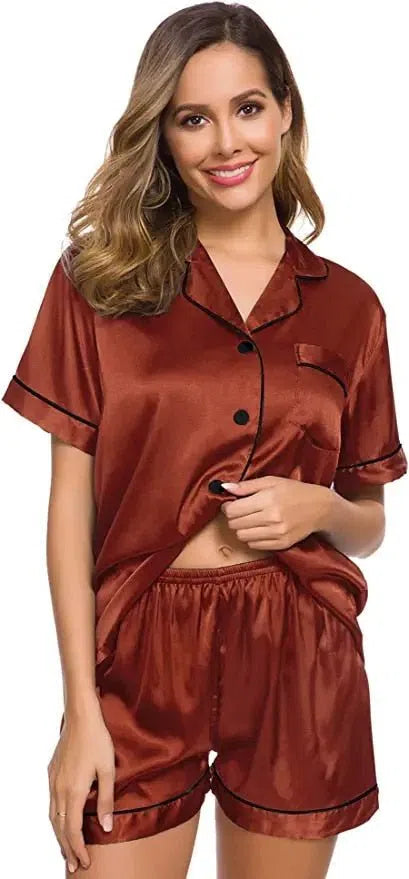 Satin Pajamas Women's Short Sleeve Soft Silk Button Set-Maas