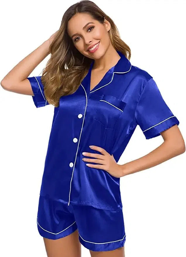 Satin Pajamas Women's Short Sleeve Soft Silk Button Set-Maas