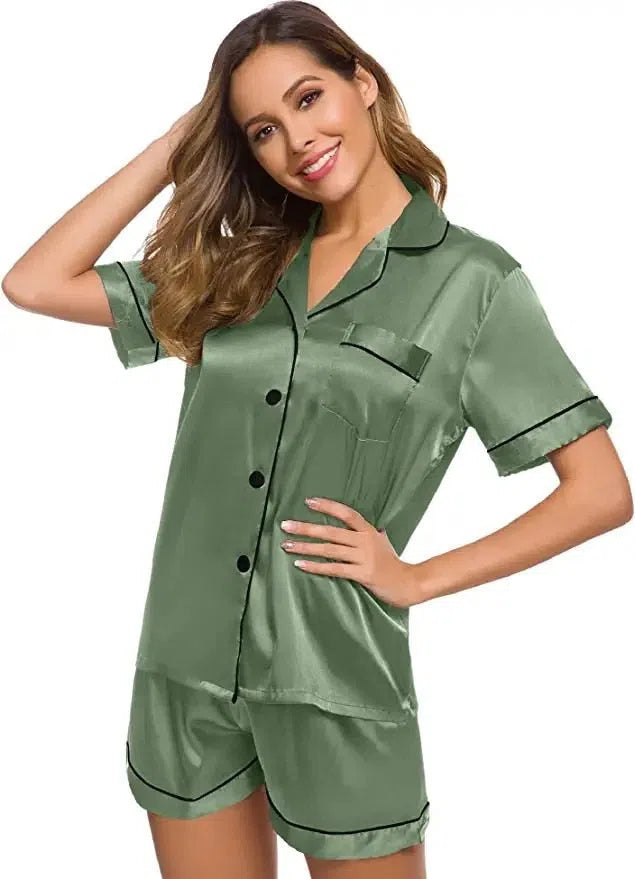 Satin Pajamas Women's Short Sleeve Soft Silk Button Set-Maas