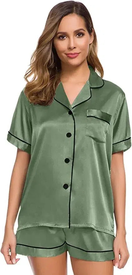 Satin Pajamas Women's Short Sleeve Soft Silk Button Set-Maas