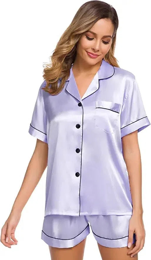 Satin Pajamas Women's Short Sleeve Soft Silk Button Set-Maas