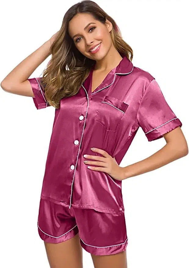 Satin Pajamas Women's Short Sleeve Soft Silk Button Set-Maas